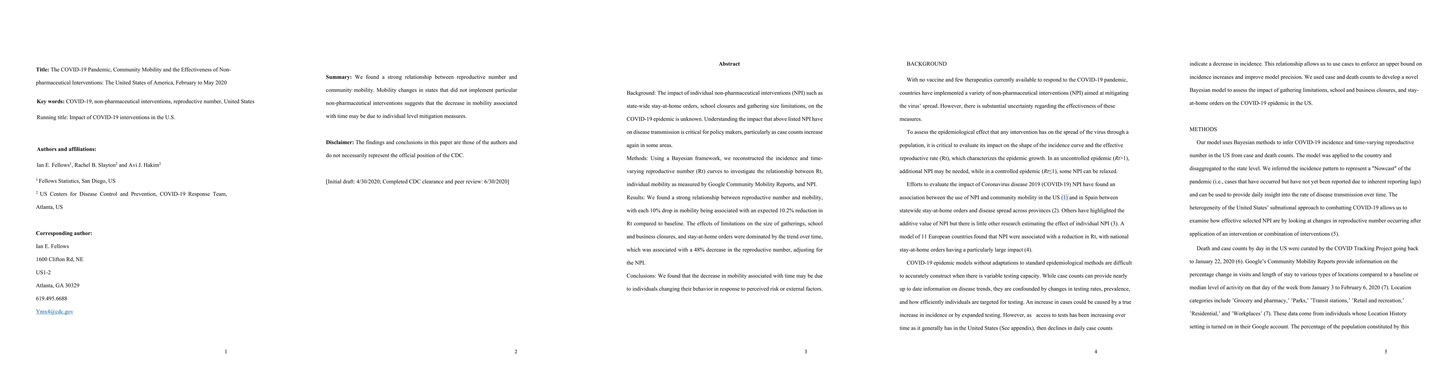 Thumbnail for The COVID-19 Pandemic, Community Mobility and the Effectiveness of
  Non-pharmaceutical Interventions: The United States of America, February to
  May 2020