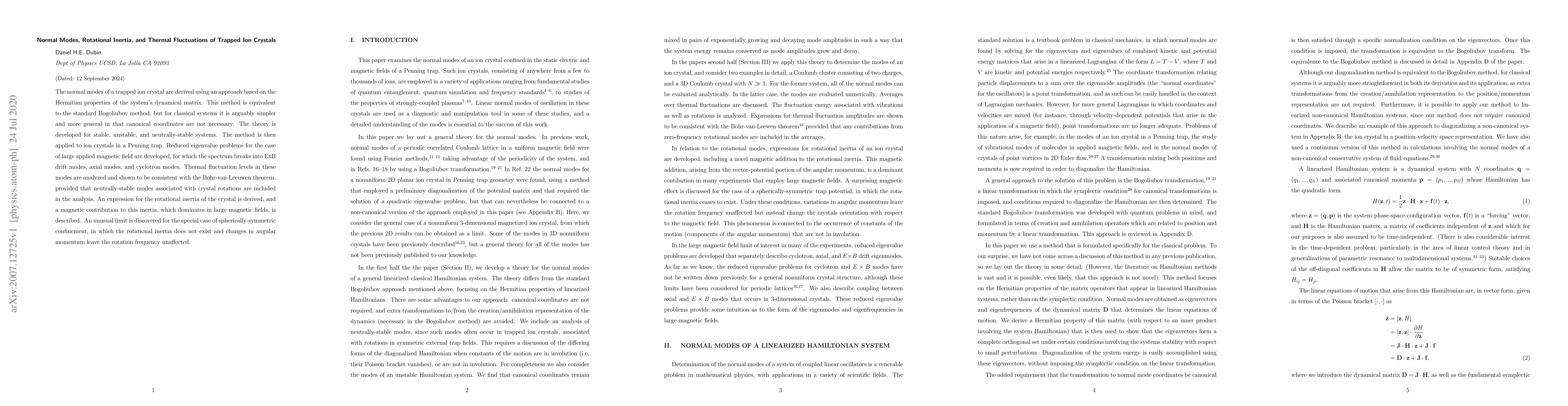 Thumbnail for Normal Modes, Rotational Inertia, and Thermal Fluctuations of Trapped
  Ion Crystals