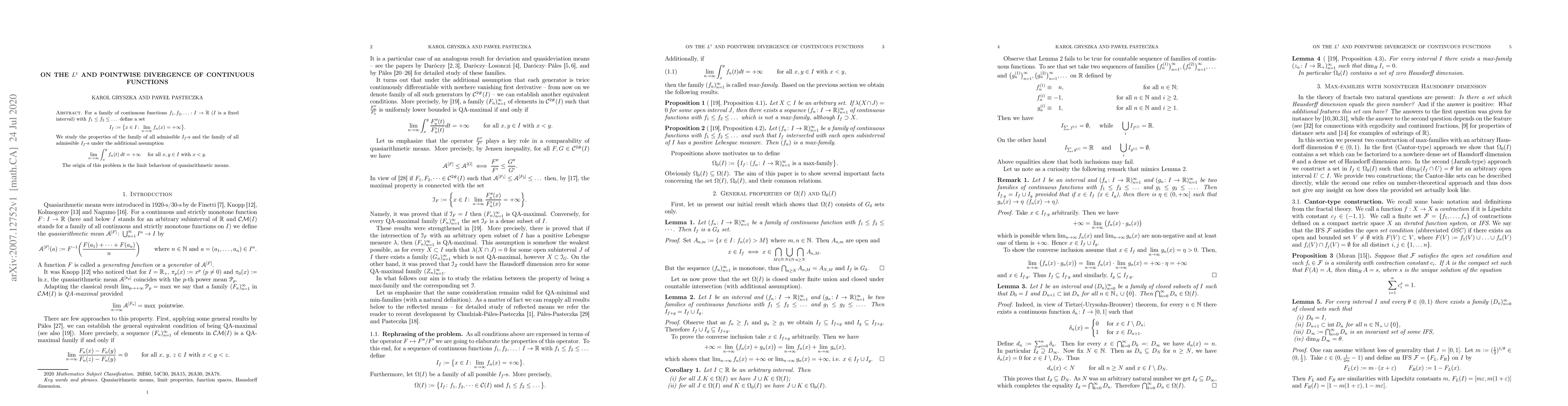 Thumbnail for On the $L^1$ and pointwise divergence of continuous functions