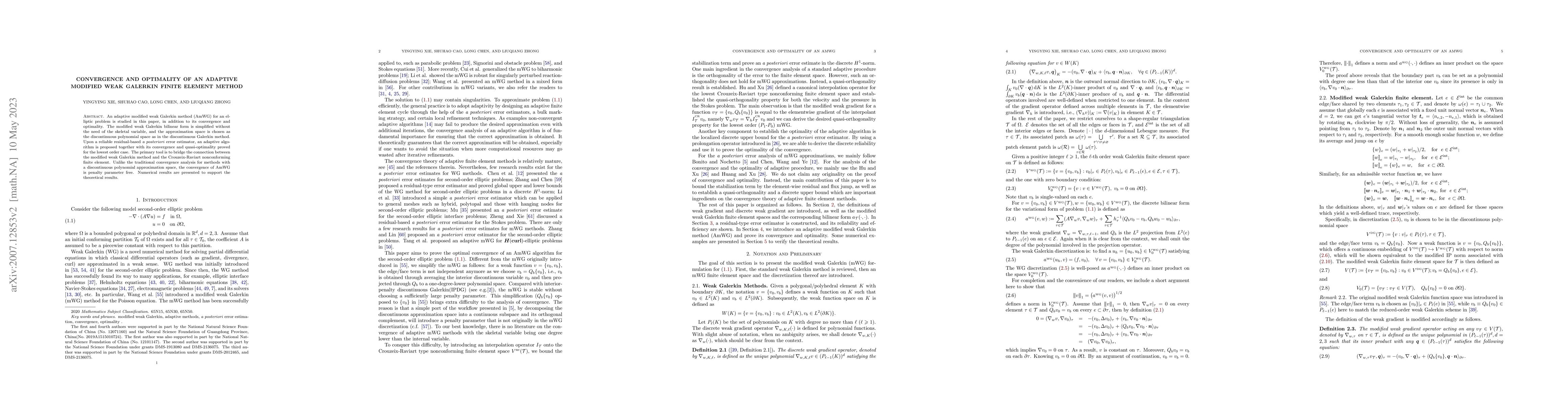 Thumbnail for Convergence and optimality of an adaptive modified weak Galerkin finite
  element method