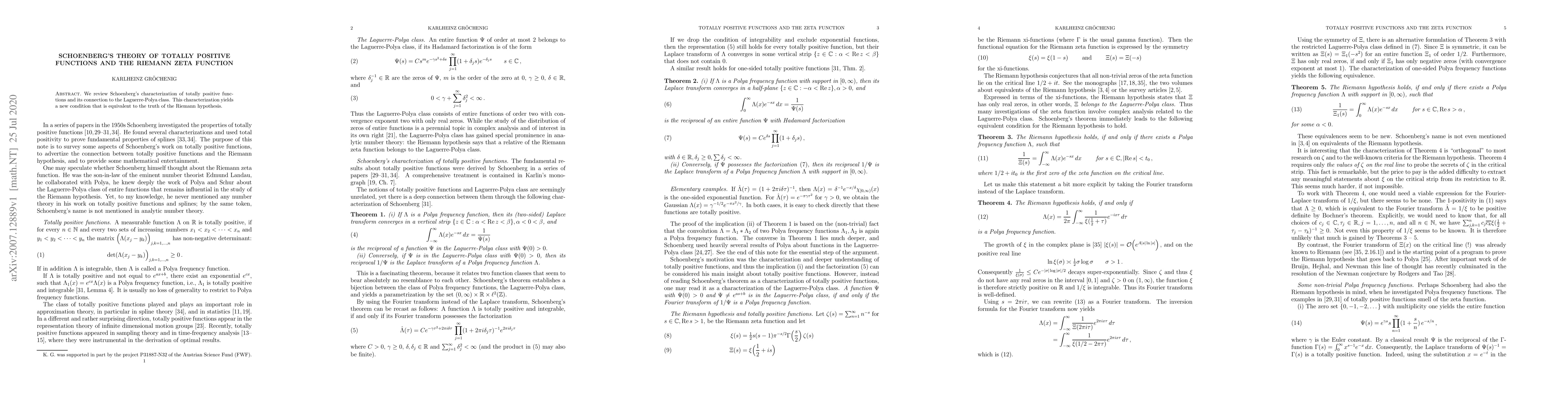 Thumbnail for Schoenberg's Theory of Totally Positive Functions and the Riemann Zeta
  Function