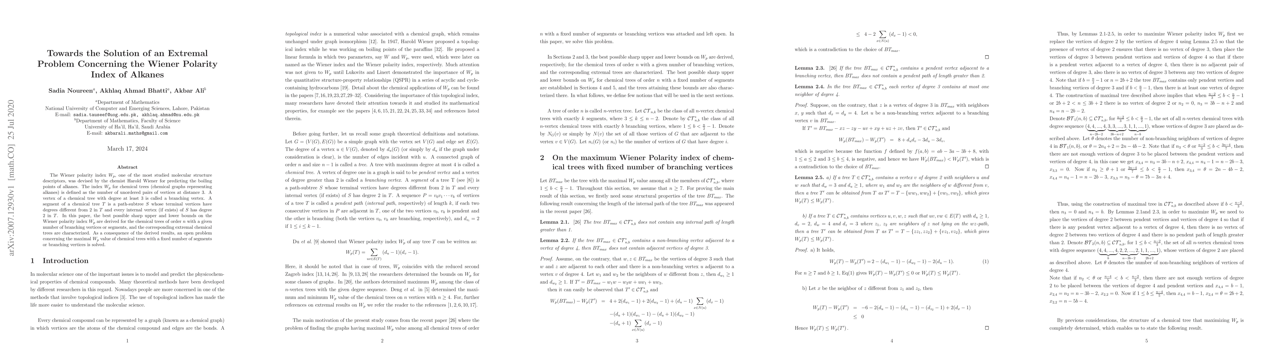 Thumbnail for Towards the Solution of an Extremal Problem Concerning the Wiener
  Polarity Index of Alkanes