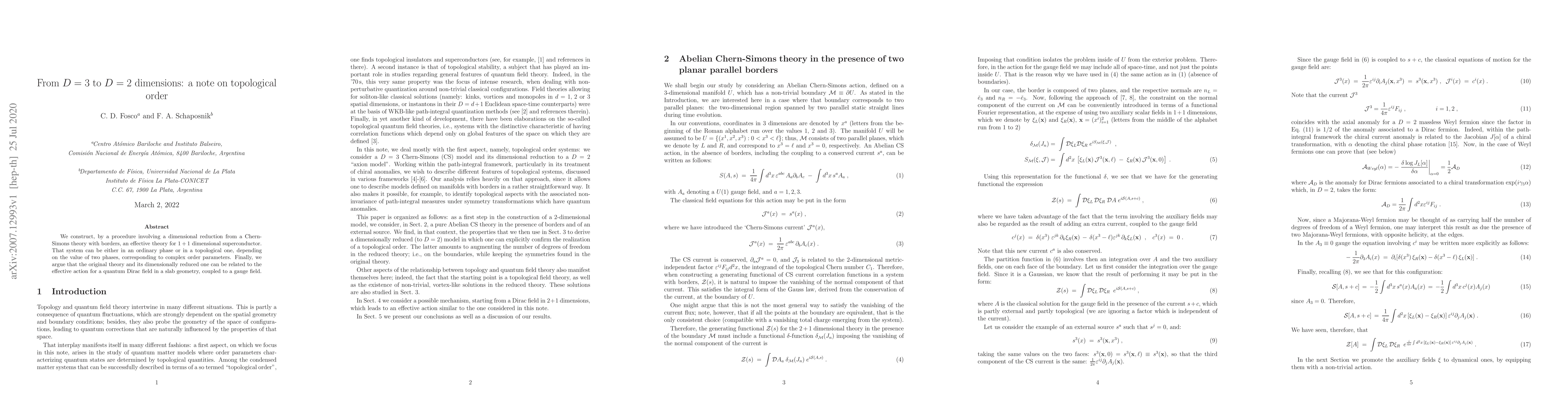 Thumbnail for From D=3 to D=2 dimensions: a note on topological order