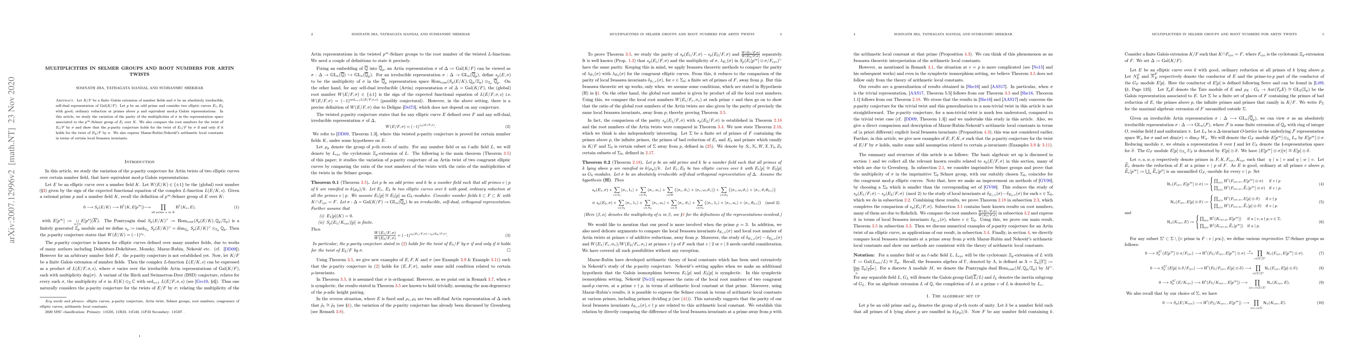 Thumbnail for Multiplicities in Selmer groups and root numbers for Artin twists