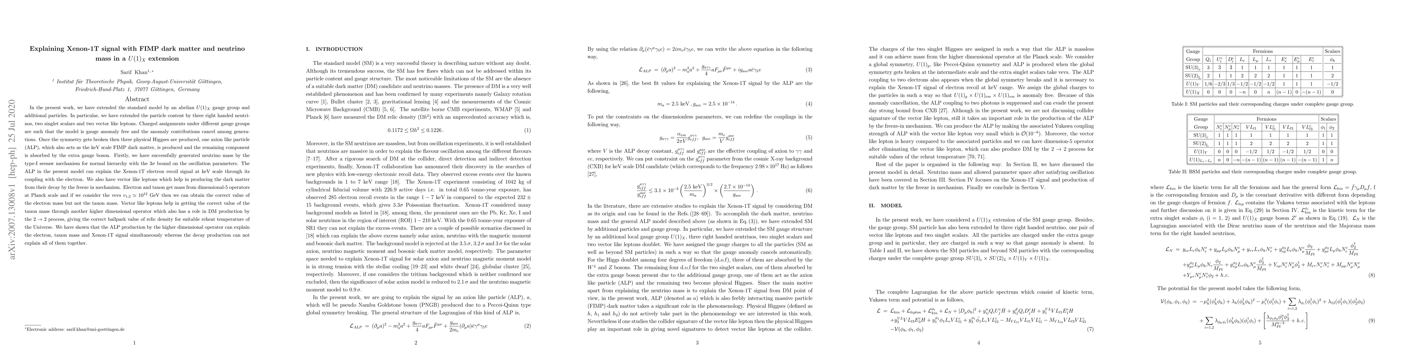 Thumbnail for Explaining Xenon-1T signal with FIMP dark matter and neutrino mass in a
  $U(1)_{X}$ extension