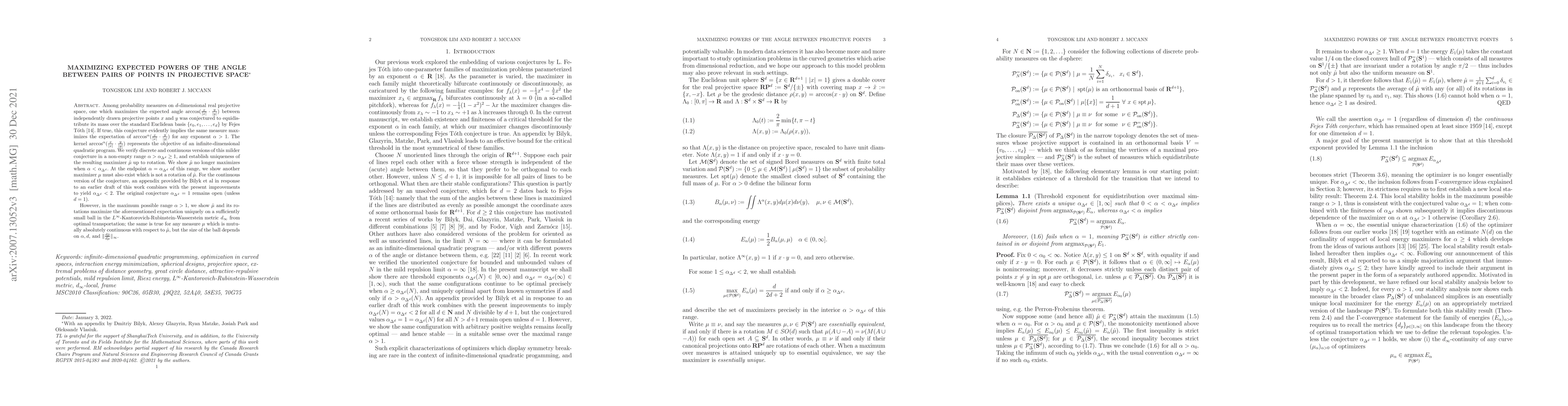 Thumbnail for Maximizing expected powers of the angle between pairs of points in
  projective space
