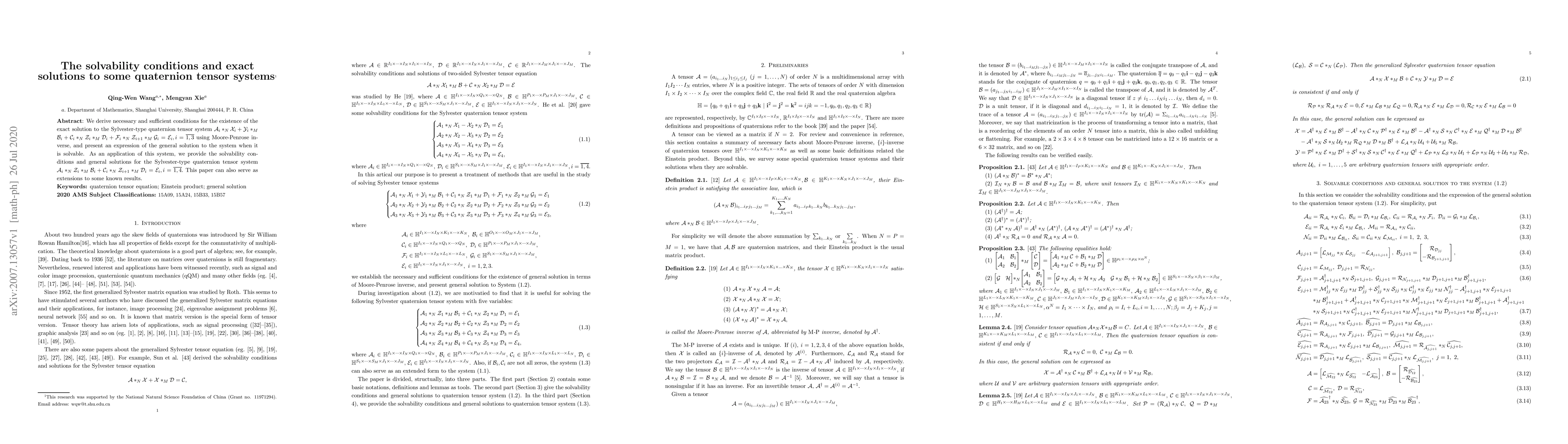 Thumbnail for The solvability conditions and exact solutions to some quaternion tensor
  systems