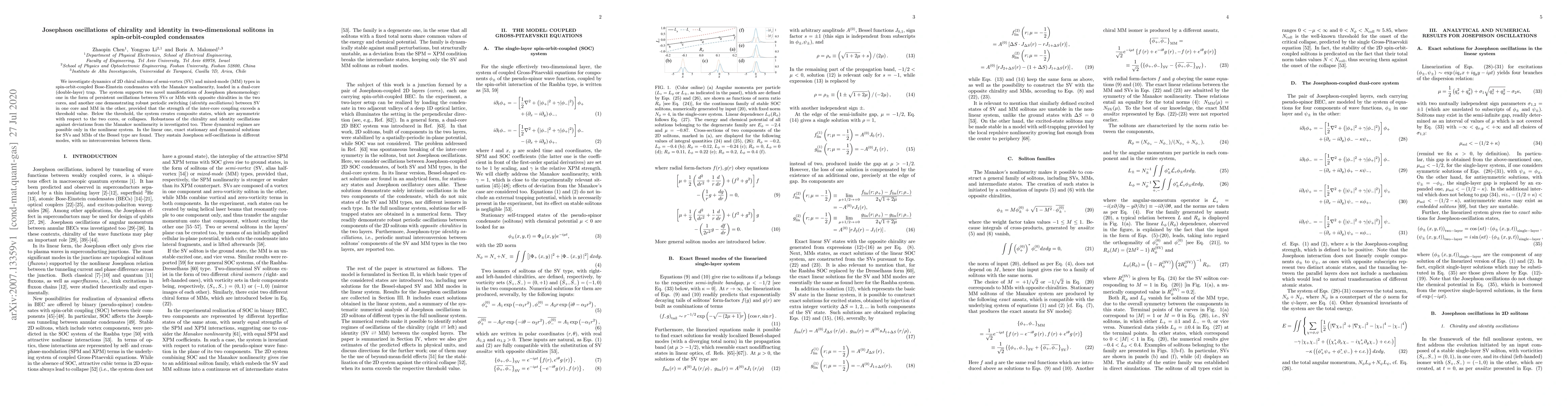 Thumbnail for Josephson oscillations of chirality and identity in two-dimensional
  solitons in spin-orbit-coupled condensates