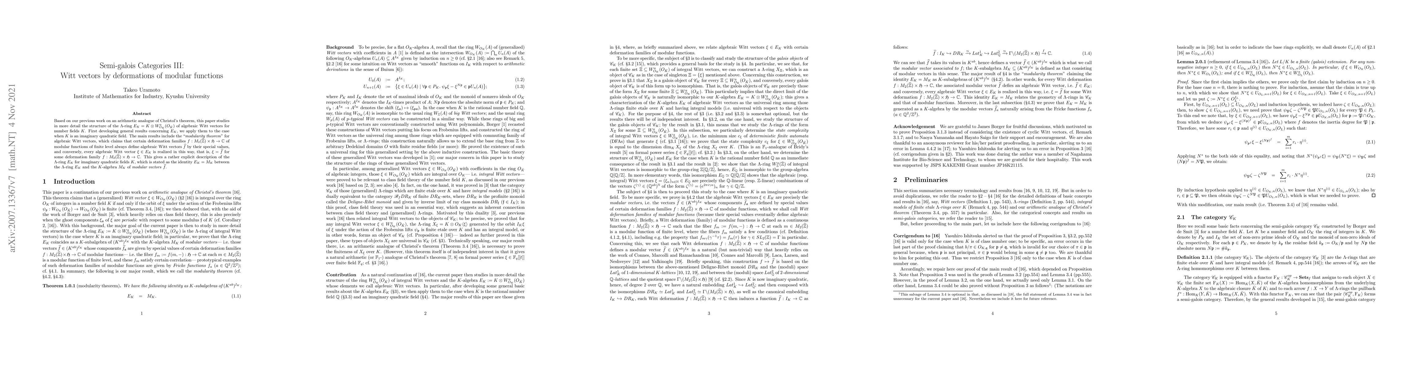 Thumbnail for Semi-galois Categories III: Witt vectors by deformations of modular
  functions