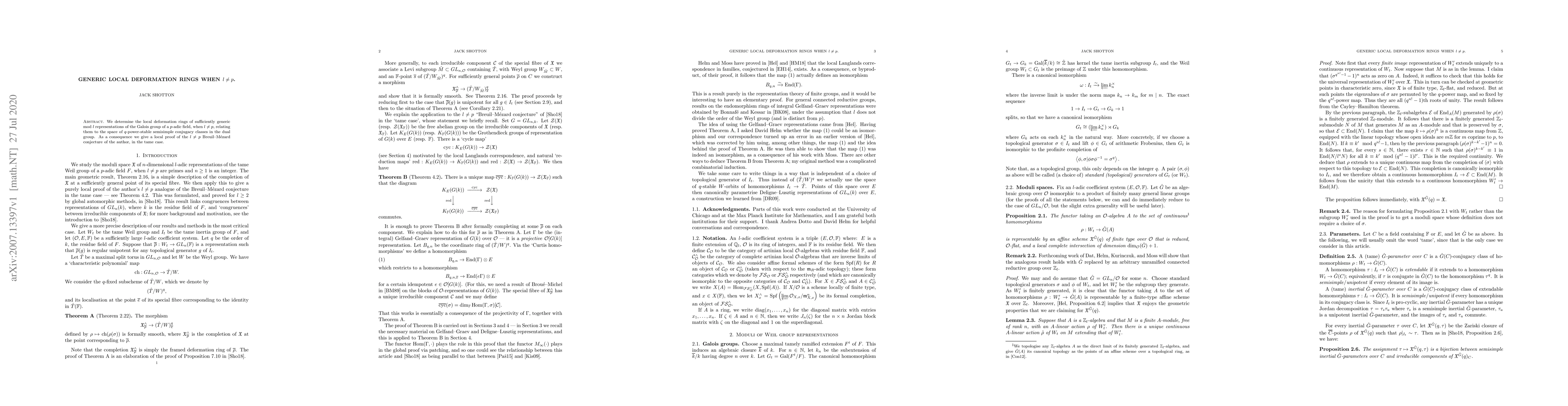 Thumbnail for Generic local deformation rings when $l \neq p$