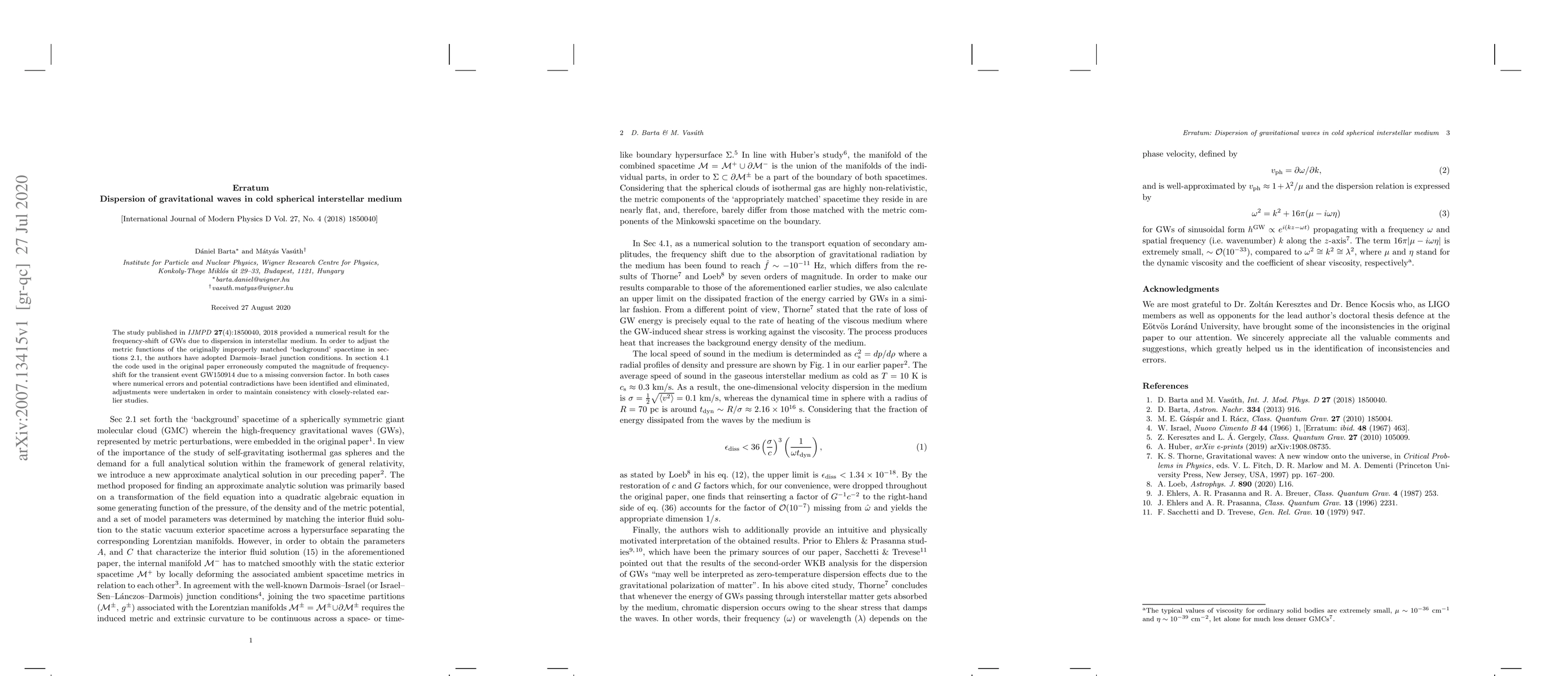 Thumbnail for Erratum: Dispersion of gravitational waves in cold spherical
  interstellar medium