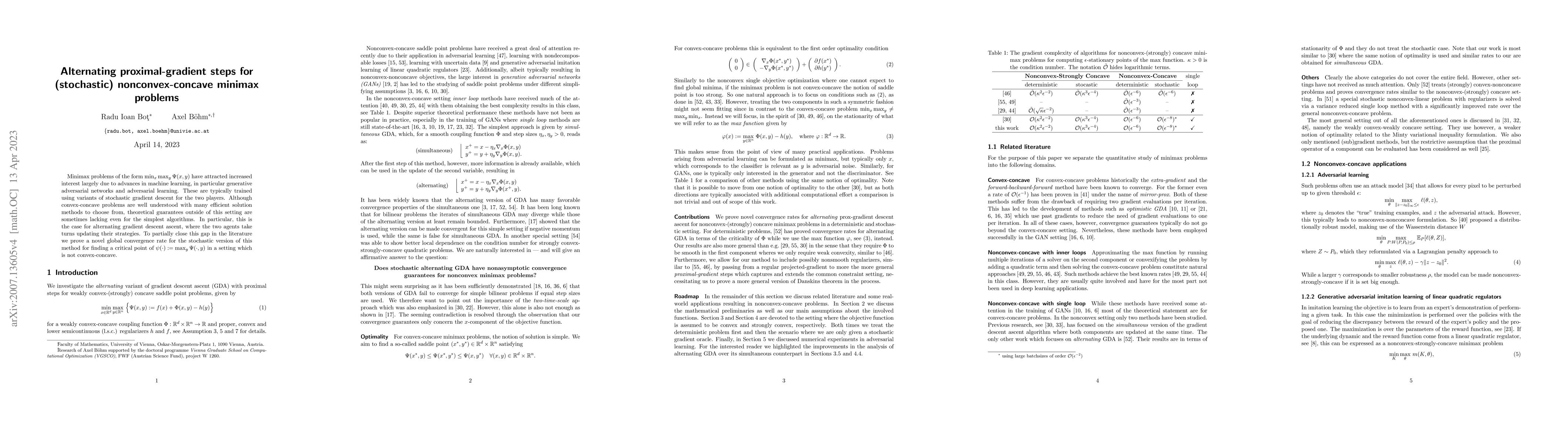 Thumbnail for Alternating proximal-gradient steps for (stochastic) nonconvex-concave
  minimax problems