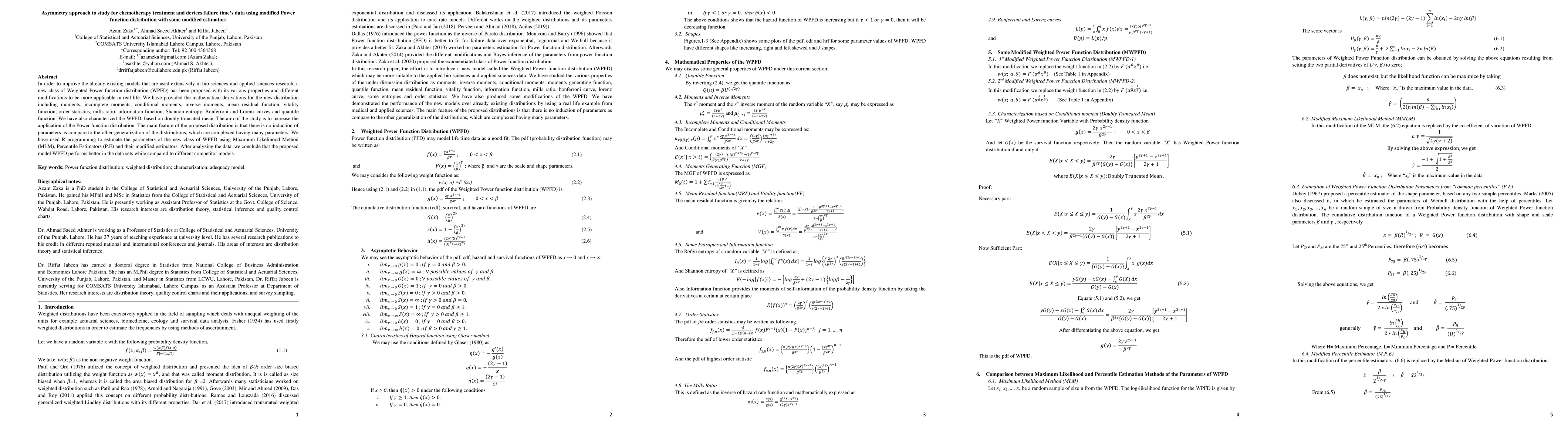 Thumbnail for Asymmetry approach to study for chemotherapy treatment and devices
  failure times data using modified Power function distribution with some
  modified estimators