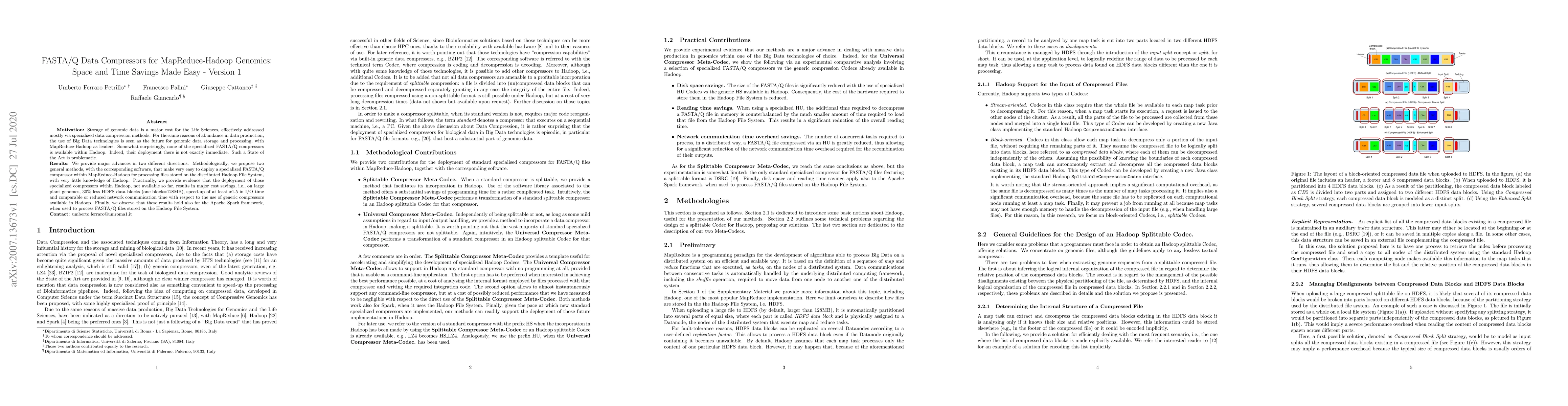 Thumbnail for FASTA/Q Data Compressors for MapReduce-Hadoop Genomics:Space and Time
  Savings Made Easy -- Version 1