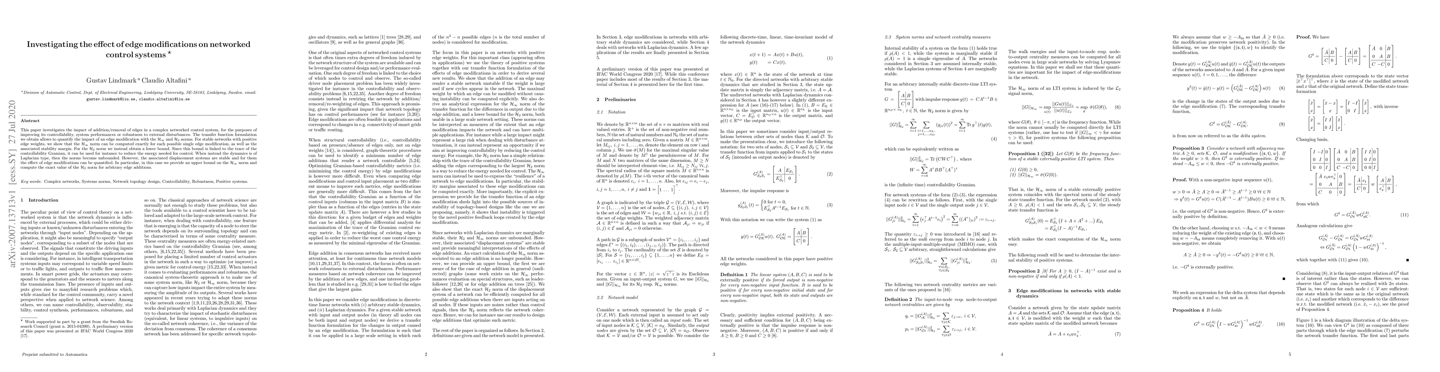 Thumbnail for Investigating the effect of edge modifications on networked control
  systems