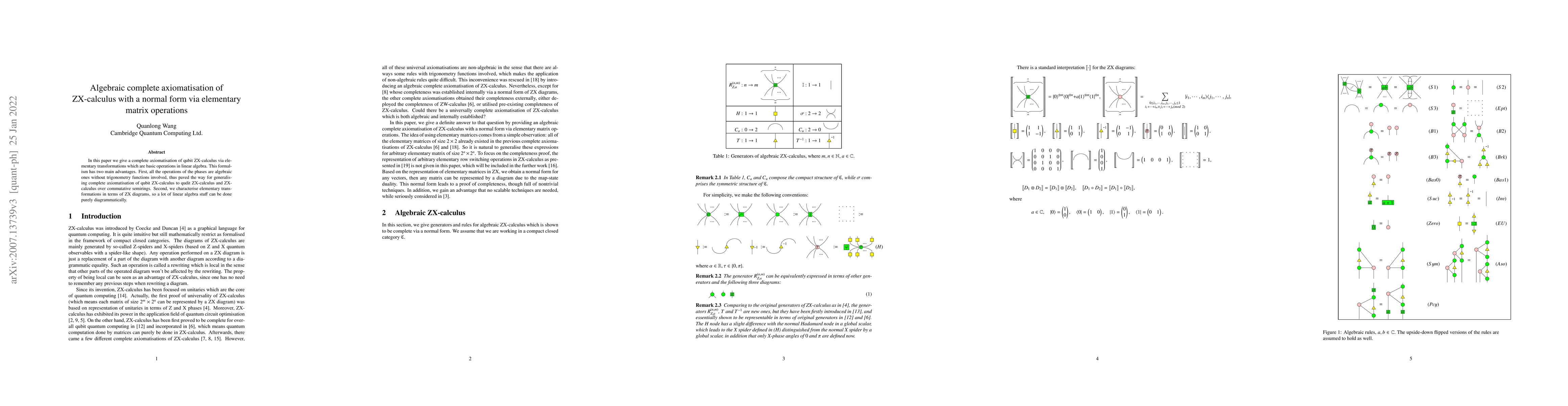 Thumbnail for Algebraic complete axiomatisation of ZX-calculus with a normal form via
  elementary matrix operations