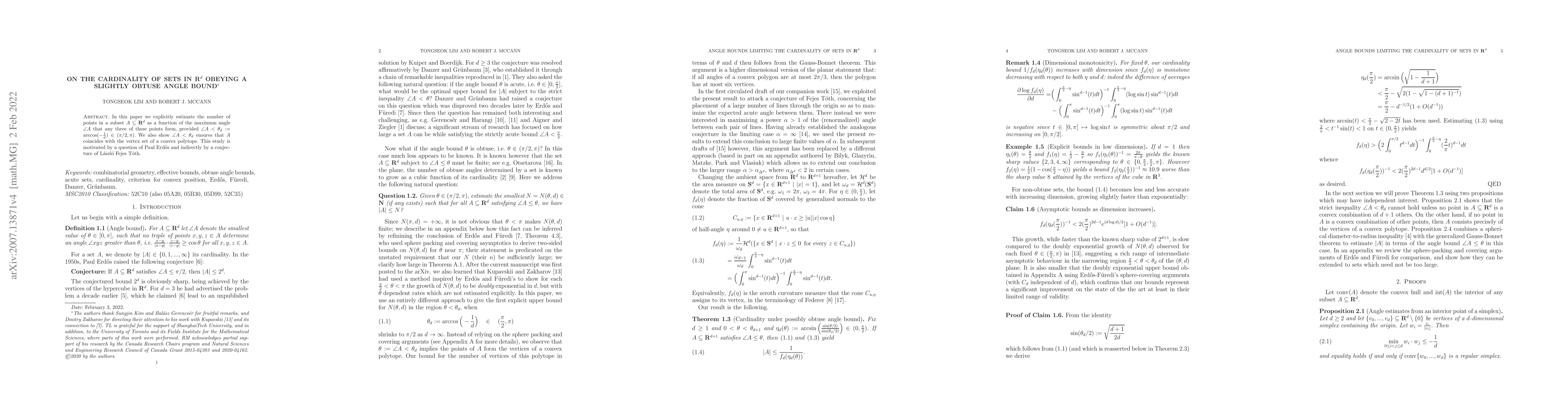 Thumbnail for On the cardinality of sets in ${\bf R}^d$ obeying a slightly obtuse
  angle bound