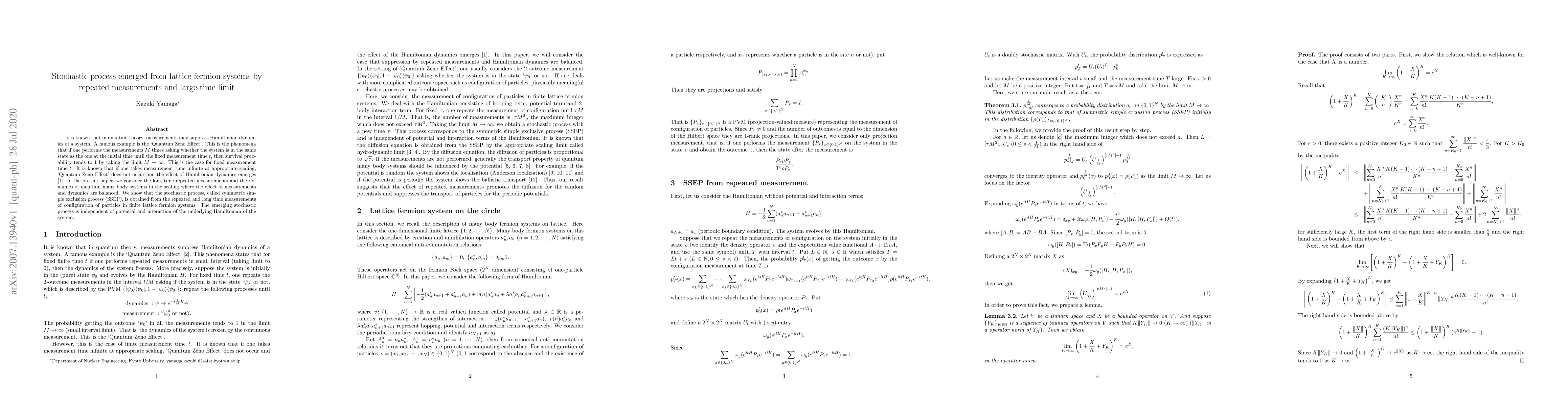 Thumbnail for Stochastic process emerged from lattice fermion systems by repeated
  measurements and large-time limit