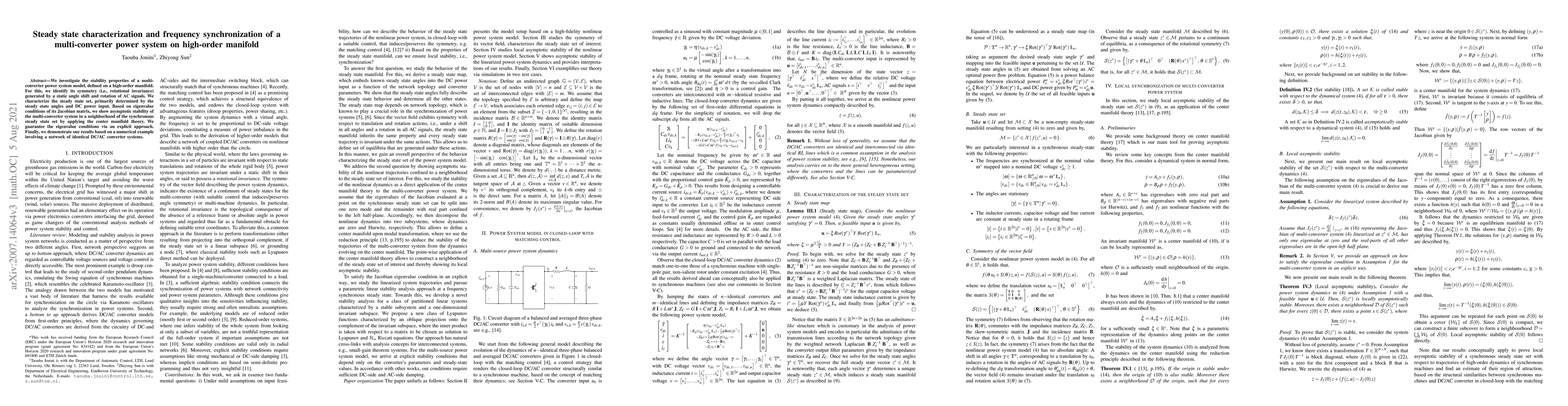 Thumbnail for Steady state characterization and frequency synchronization of a
  multi-converter power system on high-order manifolds