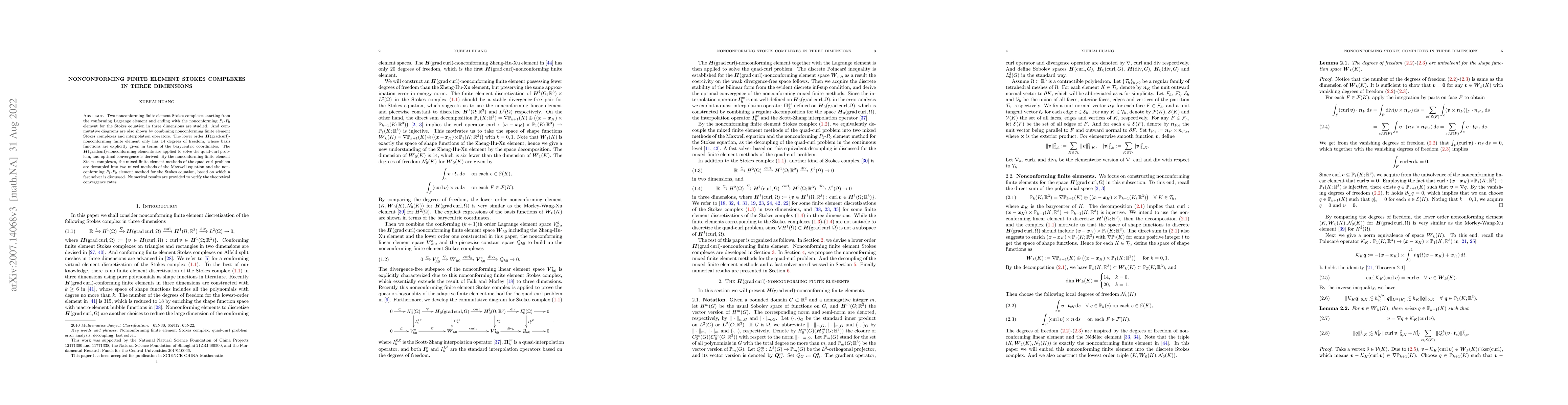 Thumbnail for Nonconforming finite element Stokes complexes in three dimensions