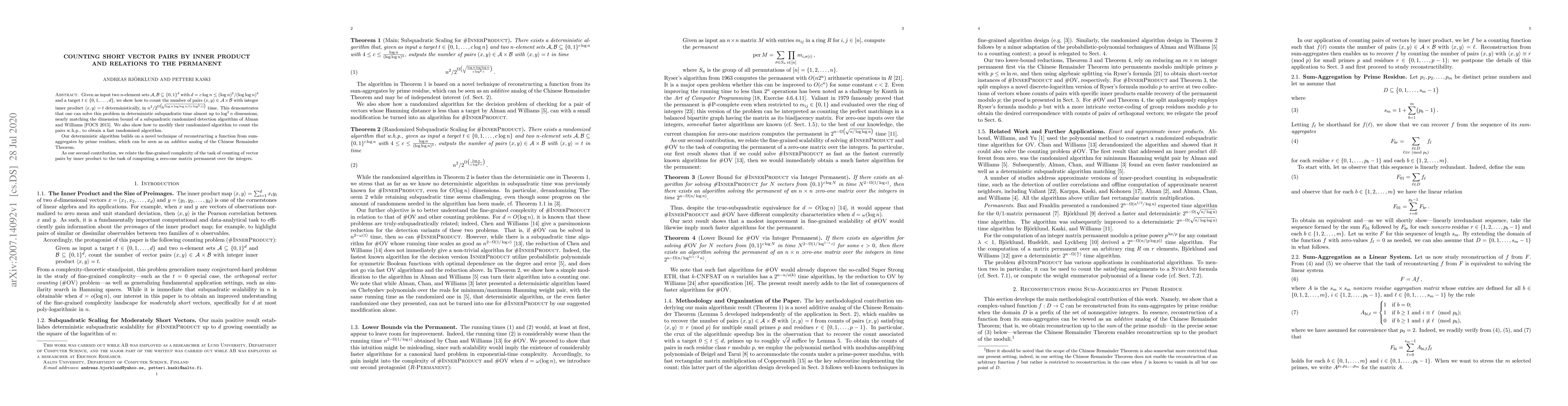 Thumbnail for Counting Short Vector Pairs by Inner Product and Relations to the
  Permanent