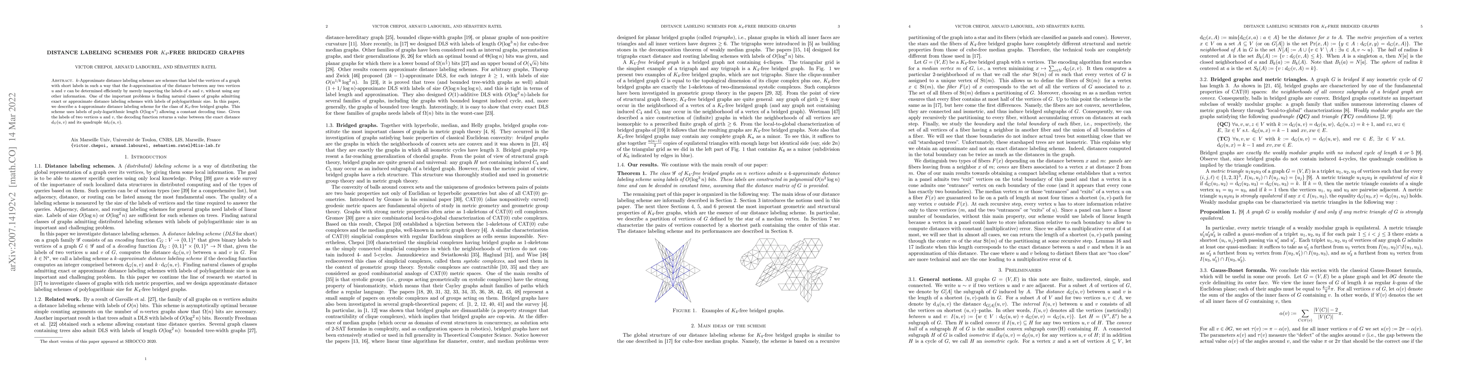 Thumbnail for Distance labeling schemes for $K_4$-free bridged graphs