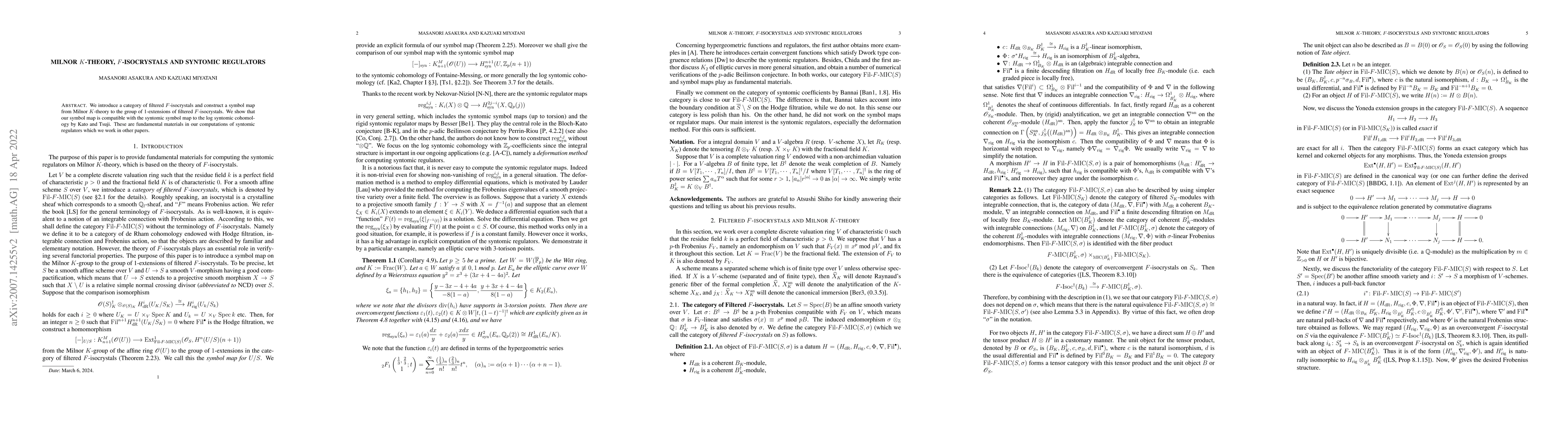 Thumbnail for Milnor K-theory, F-isocrystals and Syntomic Regulators
