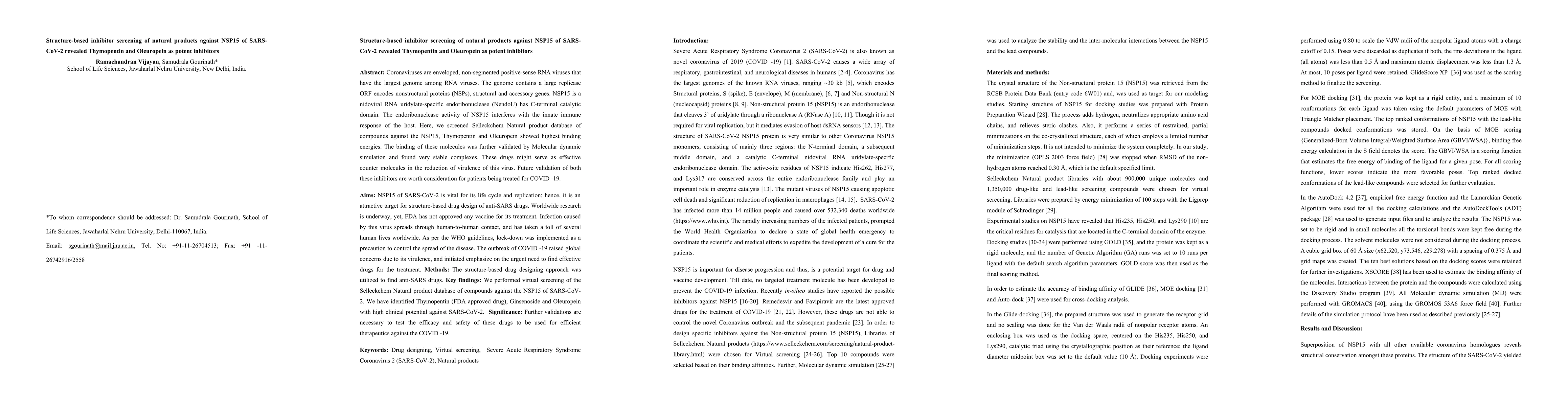 Thumbnail for Structure-based inhibitor screening of natural products against NSP15 of
  SARS- CoV-2 revealed Thymopentin and Oleuropein as potent inhibitors