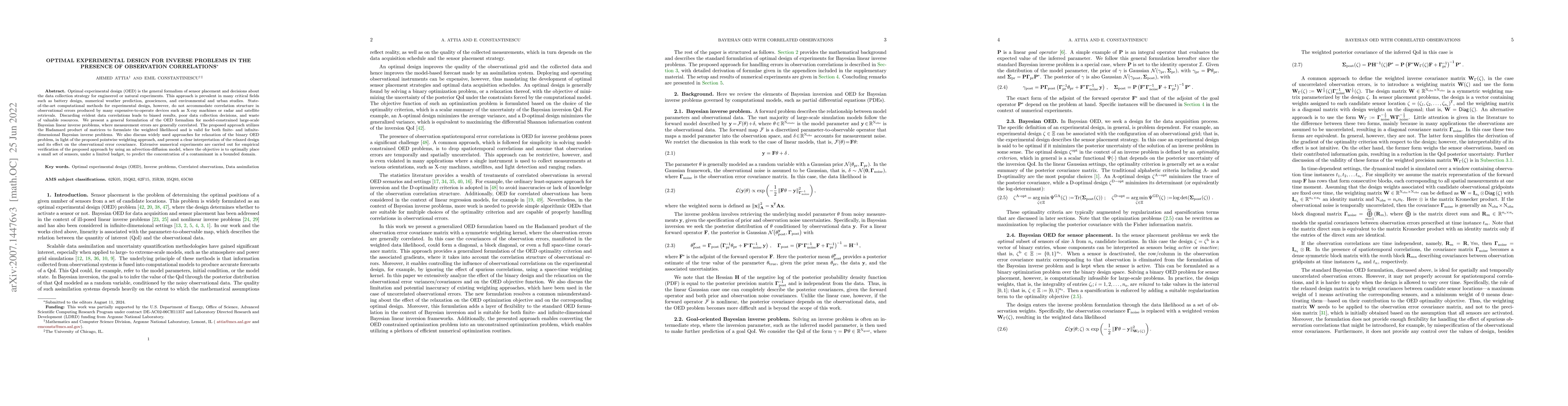 Thumbnail for Optimal Experimental Design for Inverse Problems in the Presence of
  Observation Correlations