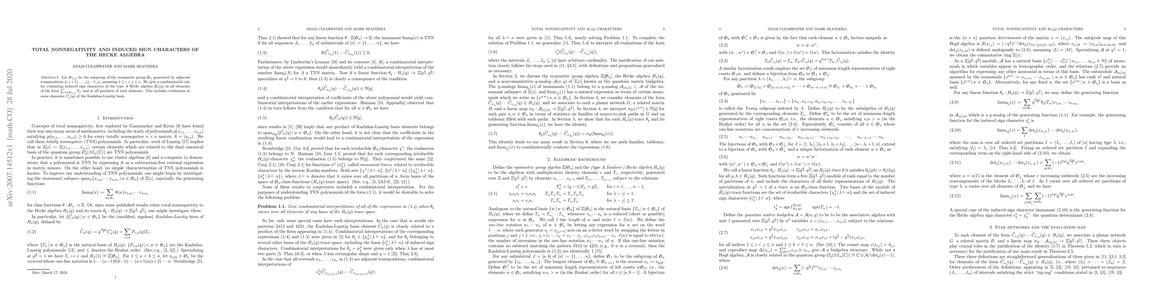 Thumbnail for Total nonnegativity and induced sign characters of the Hecke algebra