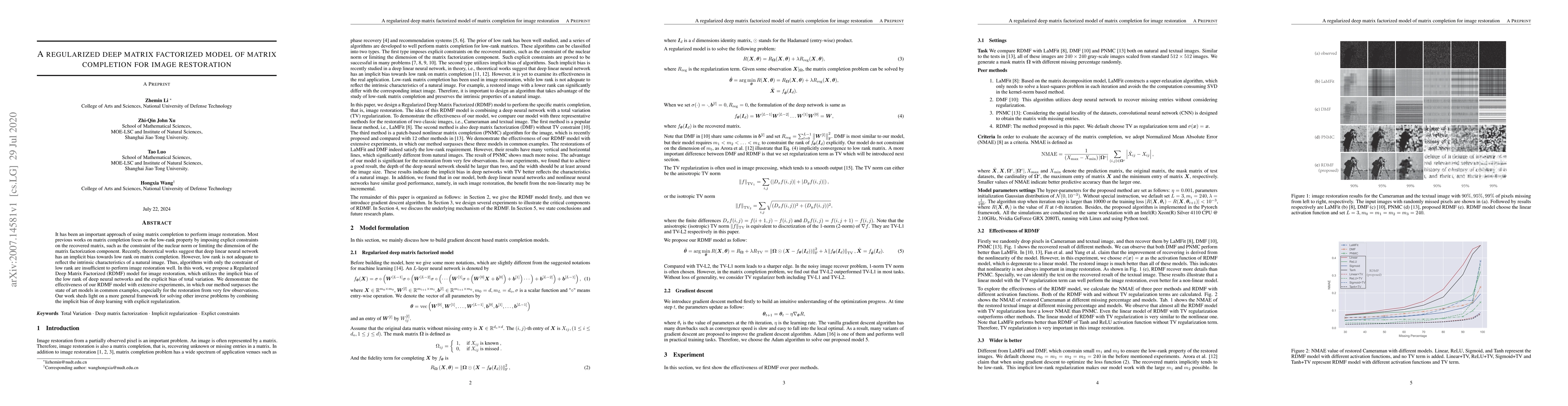 Thumbnail for A regularized deep matrix factorized model of matrix completion for
  image restoration