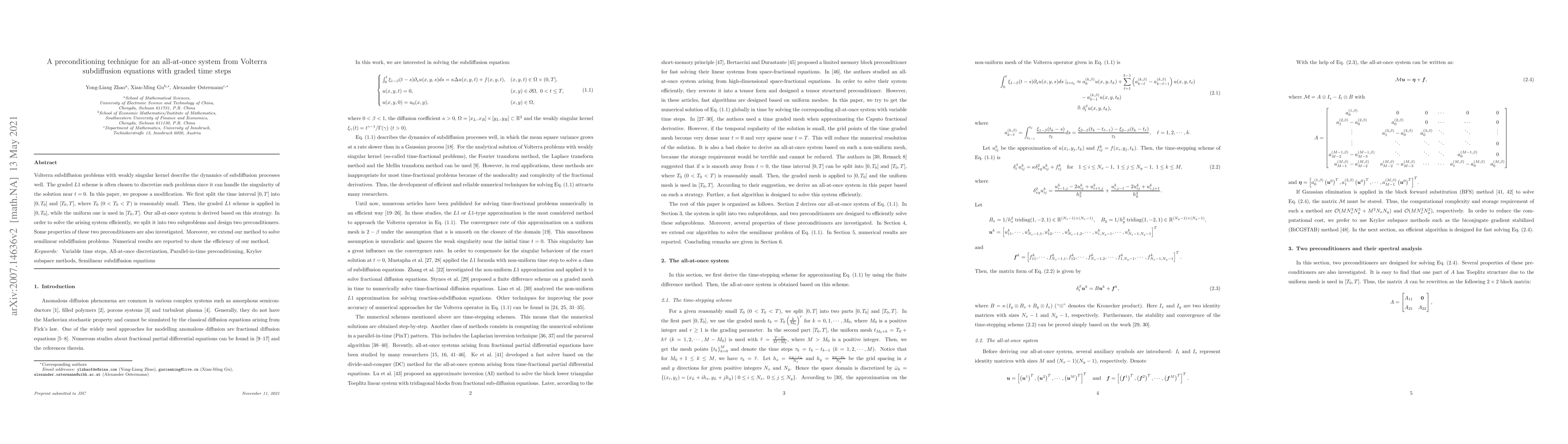Thumbnail for A preconditioning technique for an all-at-once system from Volterra
  subdiffusion equations with graded time steps
