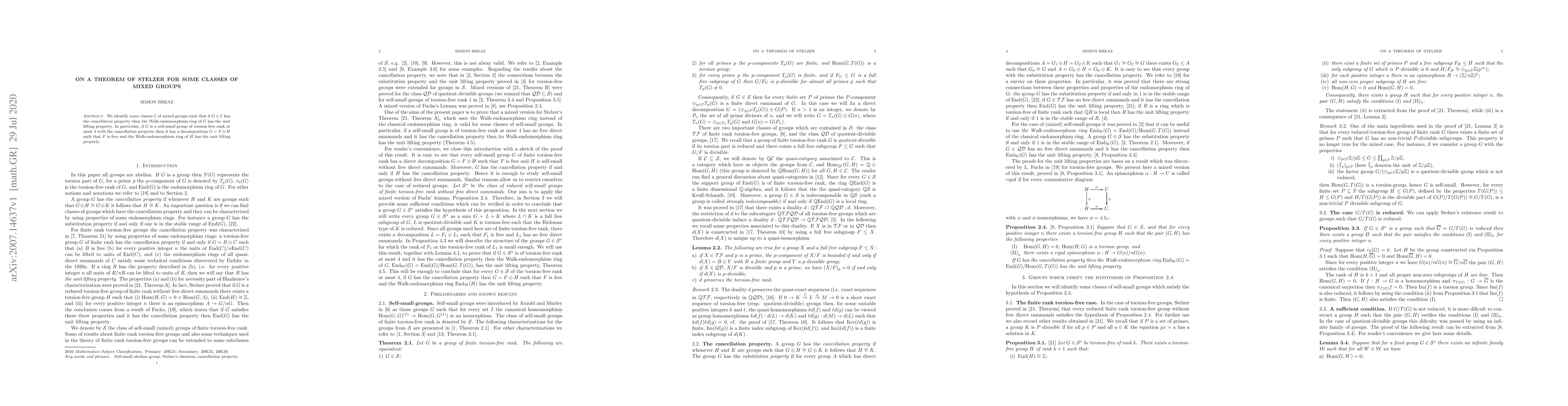 Thumbnail for On a theorem of Stelzer for some classes of mixed groups