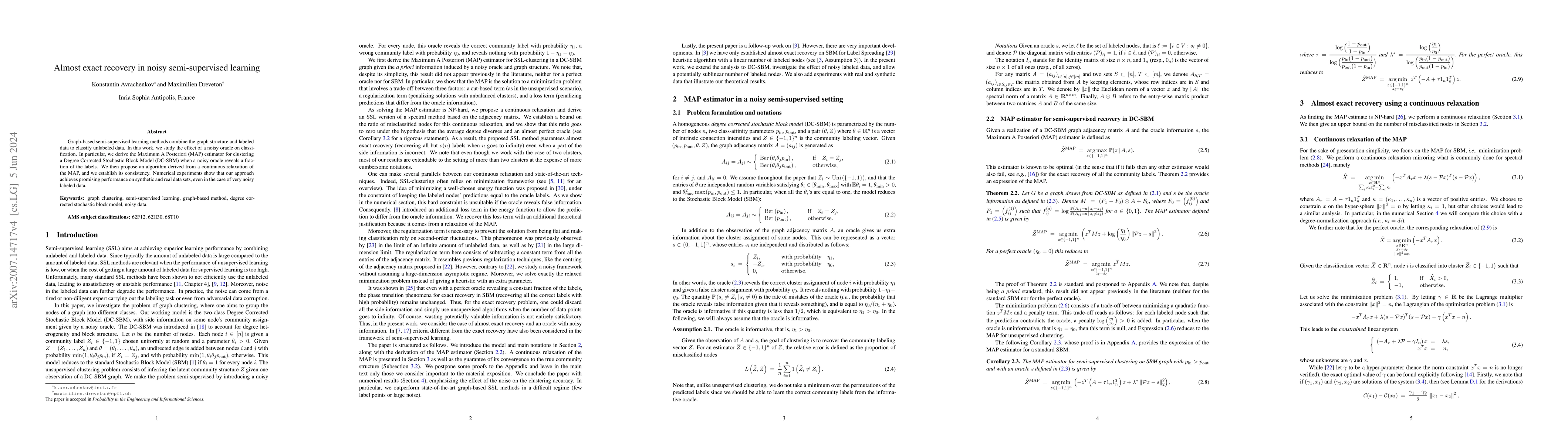 Thumbnail for Almost exact recovery in noisy semi-supervised learning