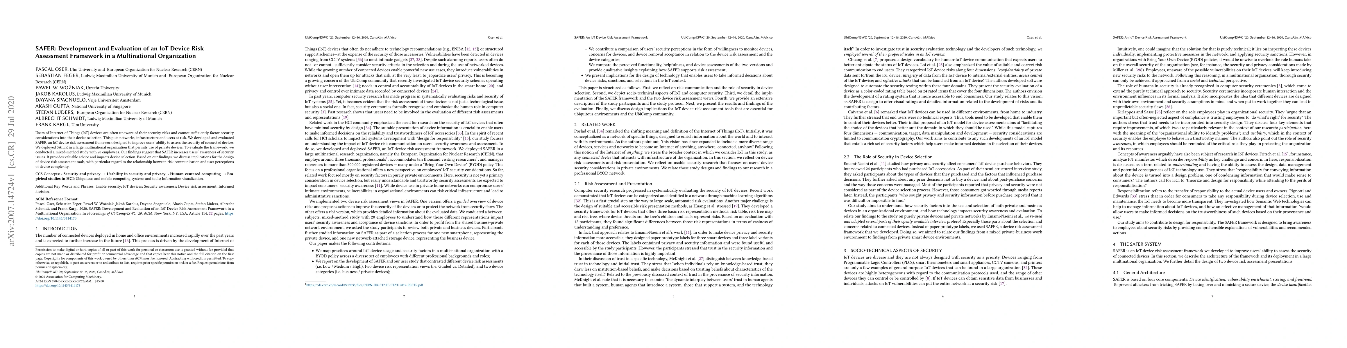 Thumbnail for SAFER: Development and Evaluation of an IoT Device Risk Assessment
  Framework in a Multinational Organization