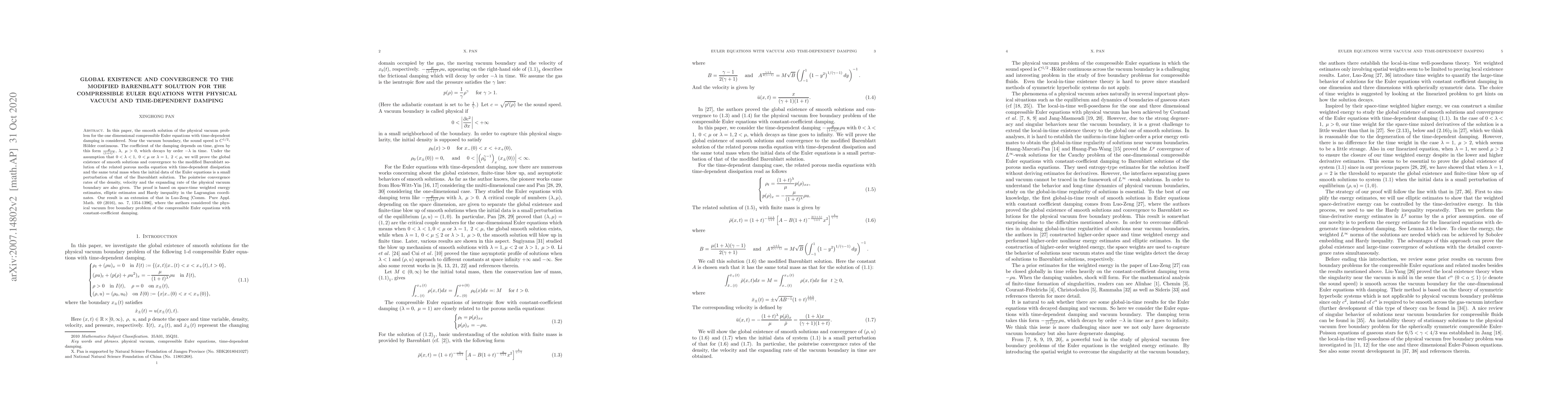 Thumbnail for Global existence and convergence to the modified Barenblatt solution for
  the compressible Euler equations with physical vacuum and time-dependent
  damping