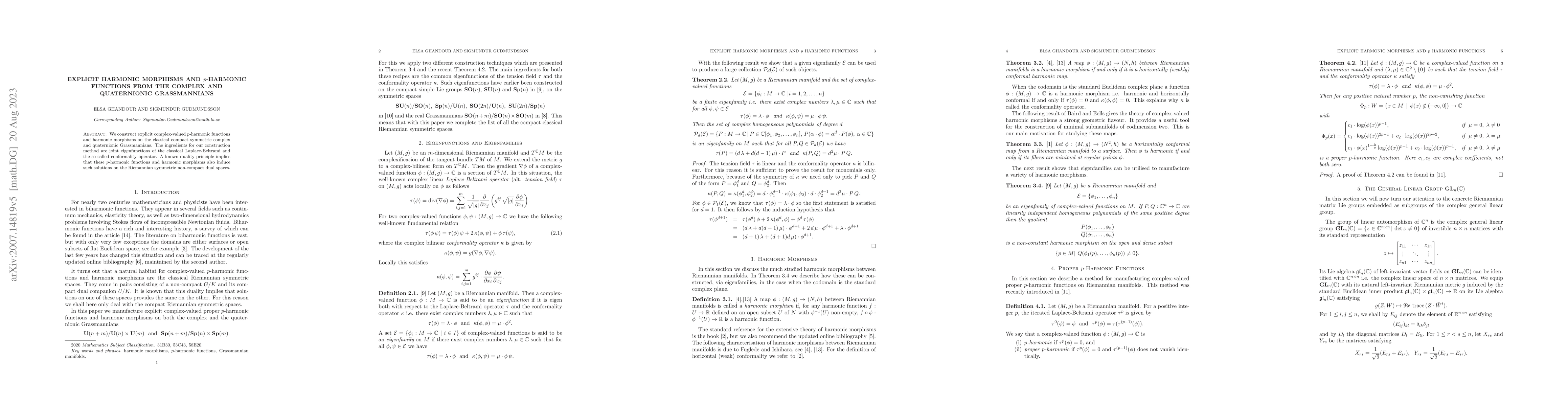 Thumbnail for Explicit harmonic morphisms and $p$-harmonic functions from the complex
  and quaternionic Grassmannians