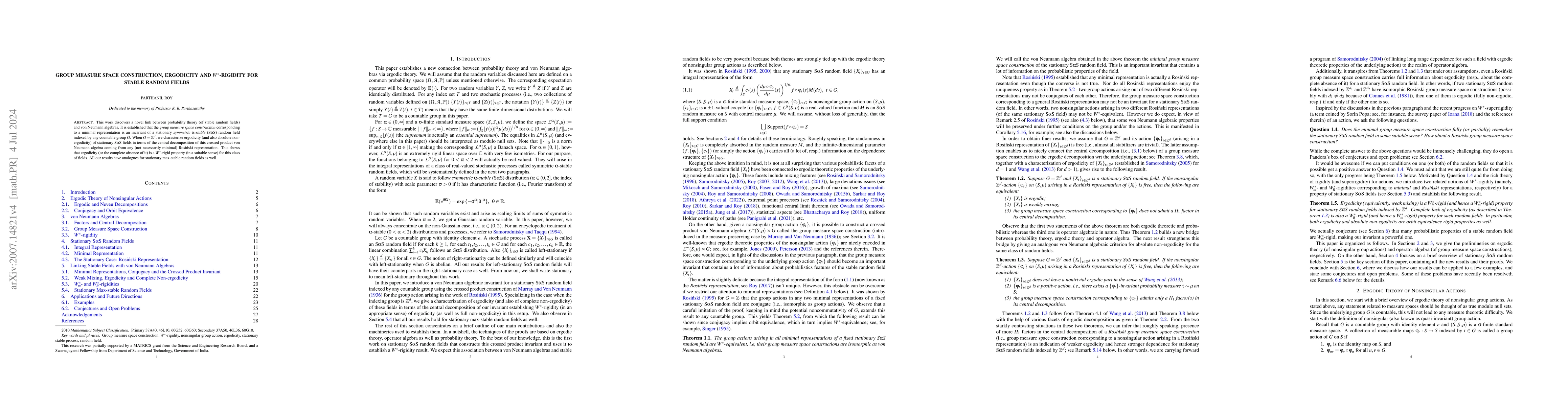Thumbnail for Group measure space construction, ergodicity and $W^\ast$-rigidity for
  stable random fields