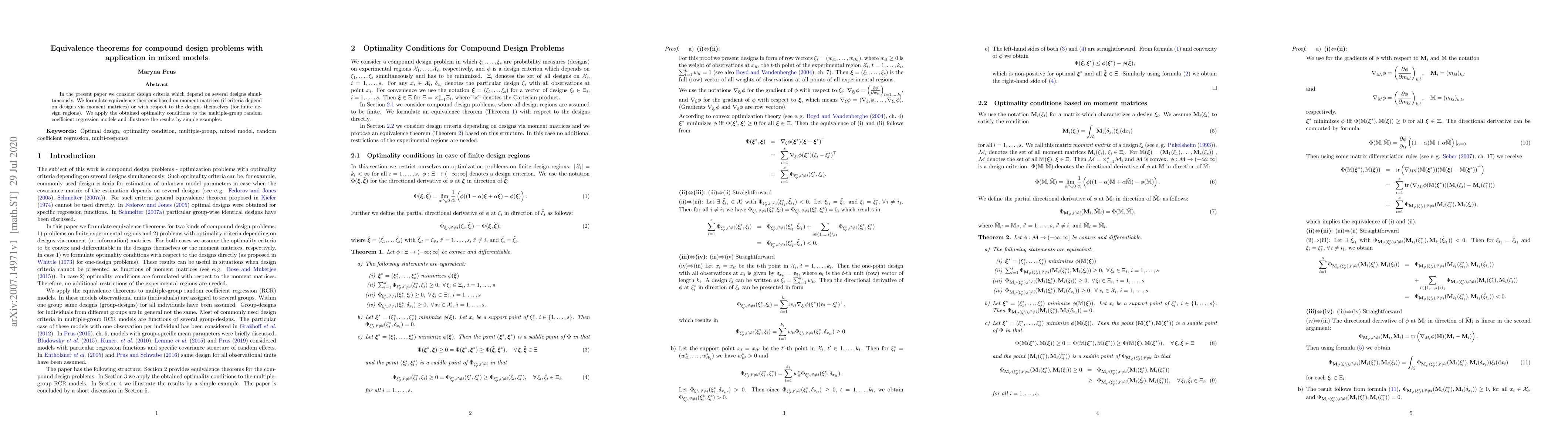 Thumbnail for Equivalence theorems for compound design problems with application in
  mixed models