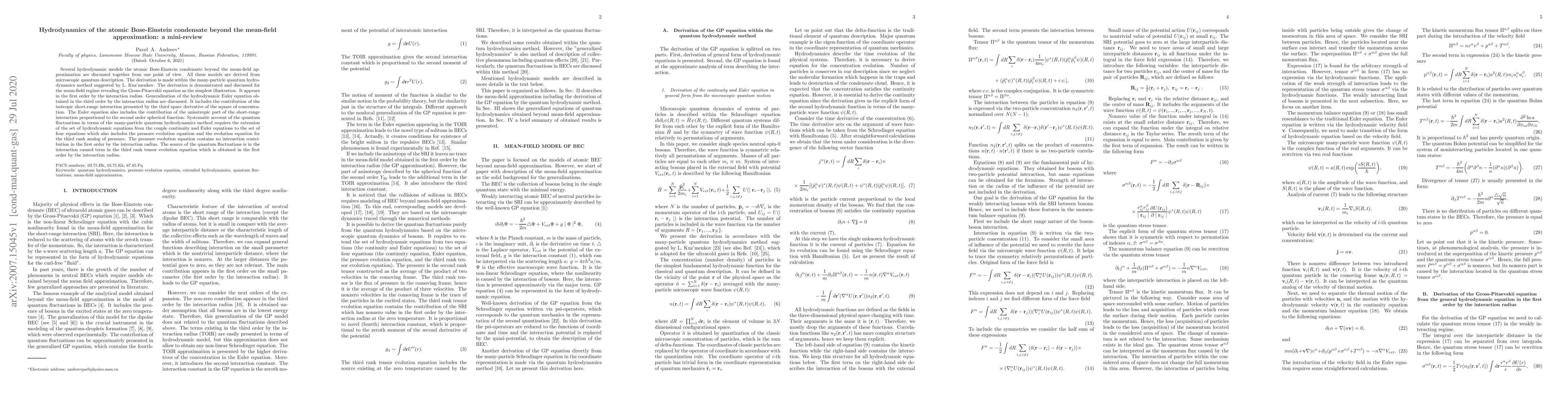 Thumbnail for Hydrodynamics of the atomic Bose-Einstein condensate beyond the
  mean-field approximation: a mini-review
