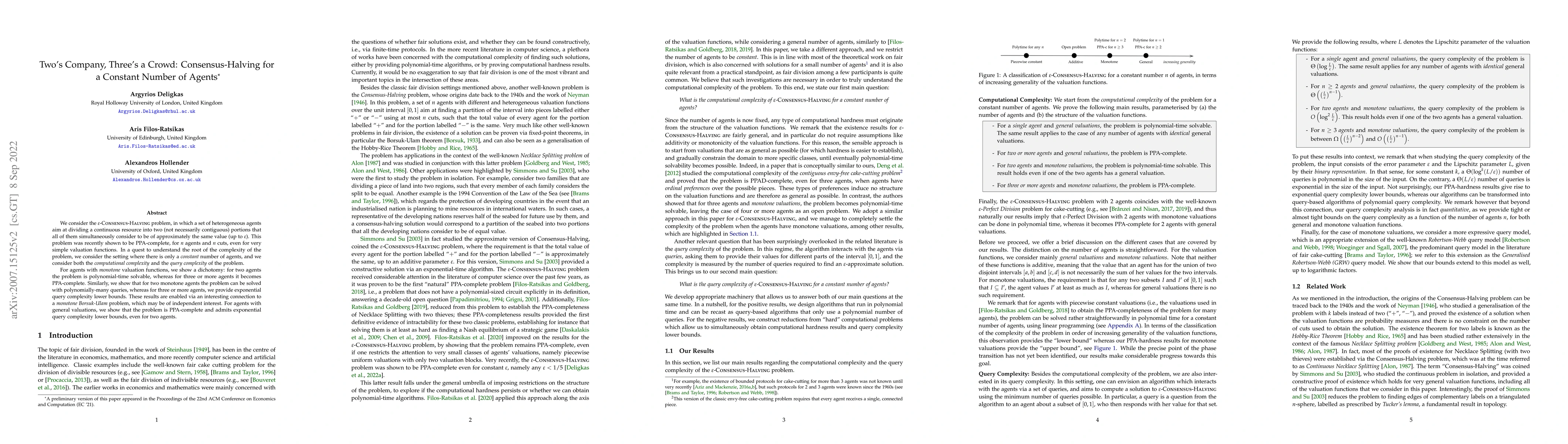 Thumbnail for Two's Company, Three's a Crowd: Consensus-Halving for a Constant Number
  of Agents
