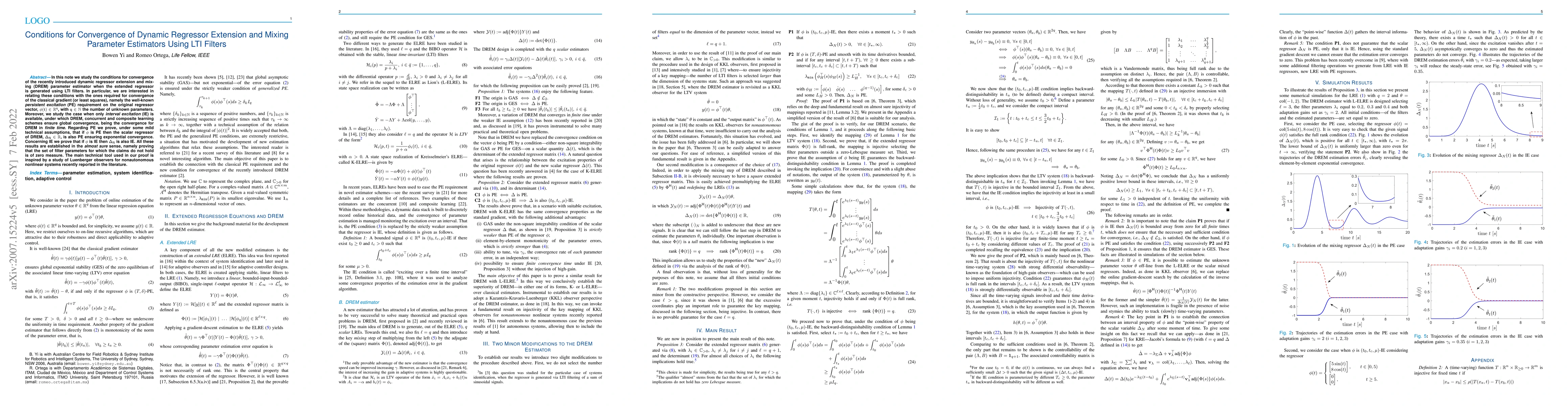 Thumbnail for Conditions for Convergence of Dynamic Regressor Extension and Mixing
  Parameter Estimator Using LTI Filters