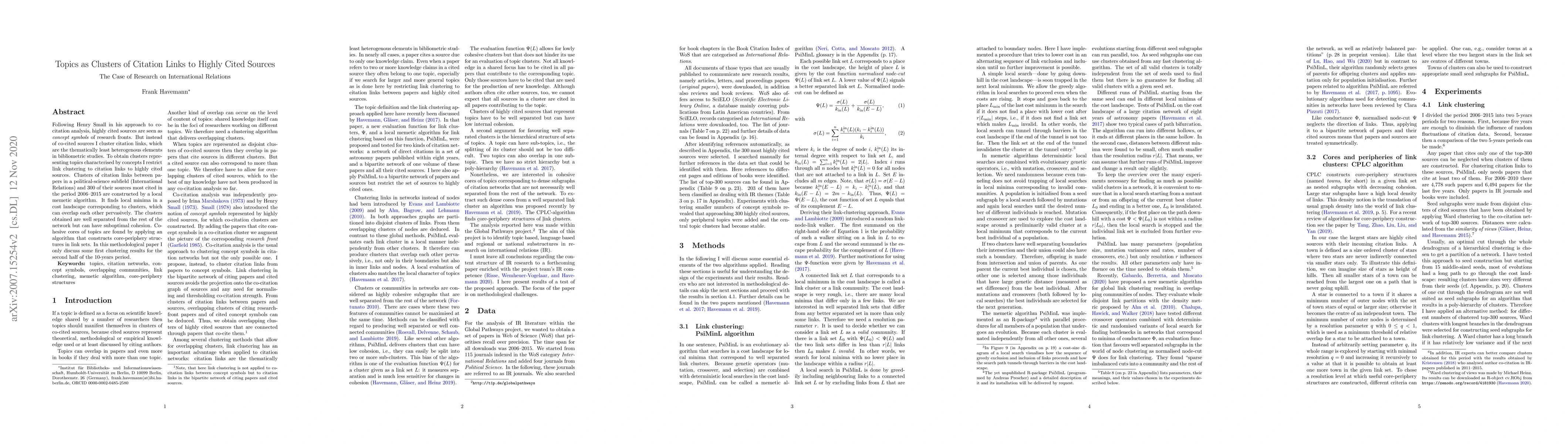 Thumbnail for Topics as Clusters of Citation Links to Highly Cited Sources: The Case
  of Research on International Relations