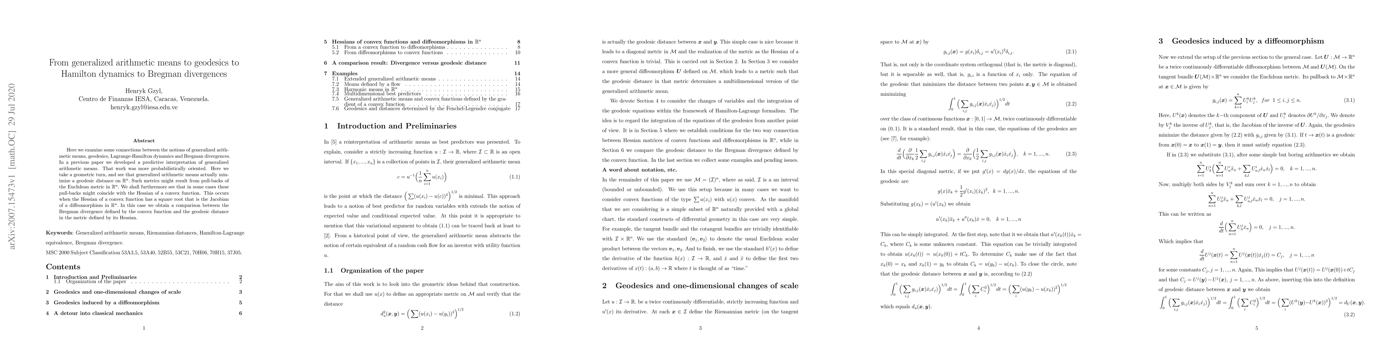 Thumbnail for From generalized arithmetic means to geodesics to Hamilton dynamics to
  Bregman divergences