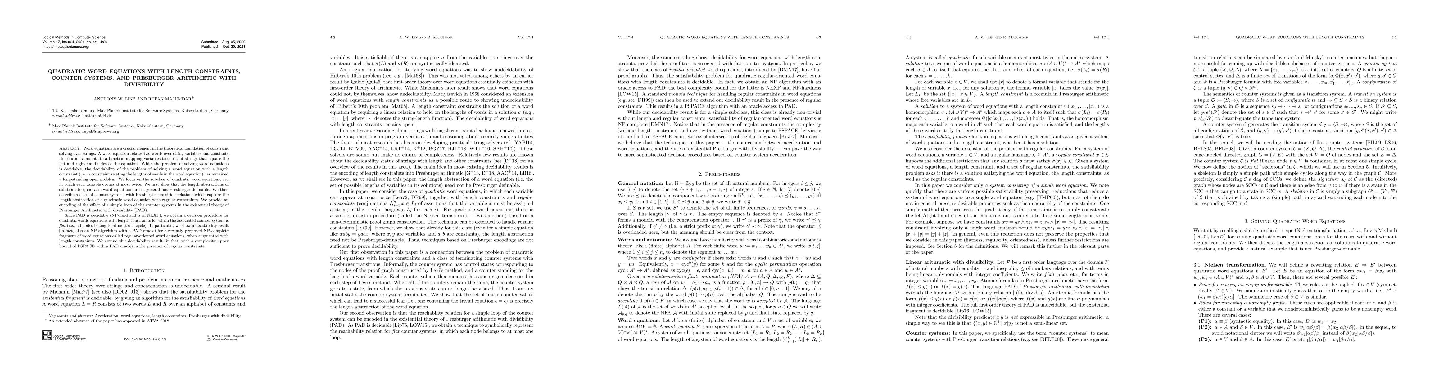 Thumbnail for Quadratic Word Equations with Length Constraints, Counter Systems, and
  Presburger Arithmetic with Divisibility