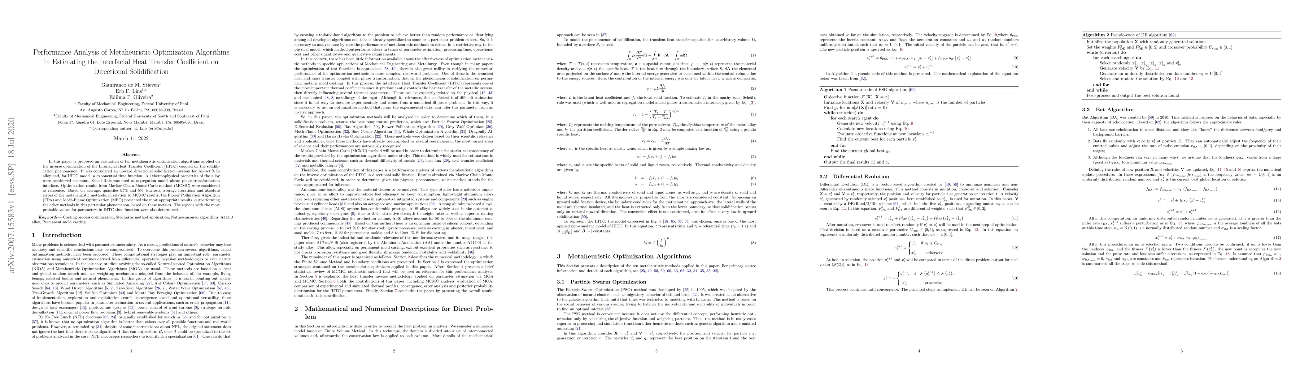 Thumbnail for Performance Analysis of Metaheuristic Optimization Algorithms in
  Estimating the Interfacial Heat Transfer Coefficient on Directional
  Solidification