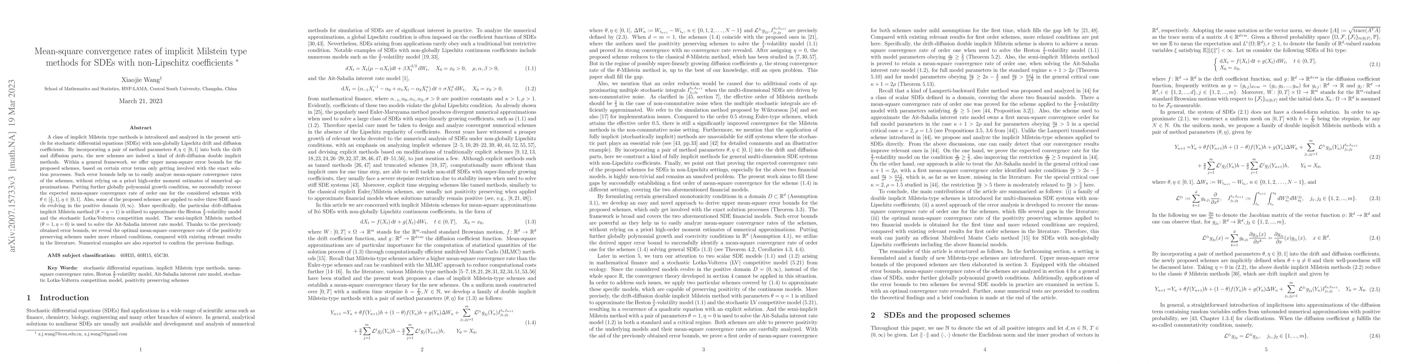 Thumbnail for Mean-square convergence rates of implicit Milstein type methods for SDEs
  with non-Lipschitz coefficients