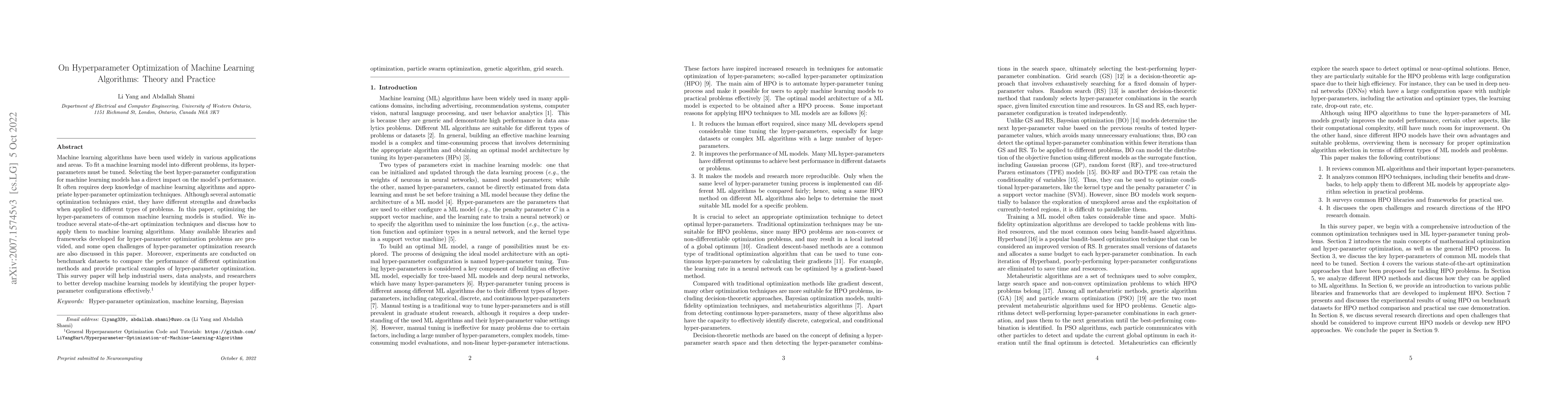 Thumbnail for On Hyperparameter Optimization of Machine Learning Algorithms: Theory
  and Practice