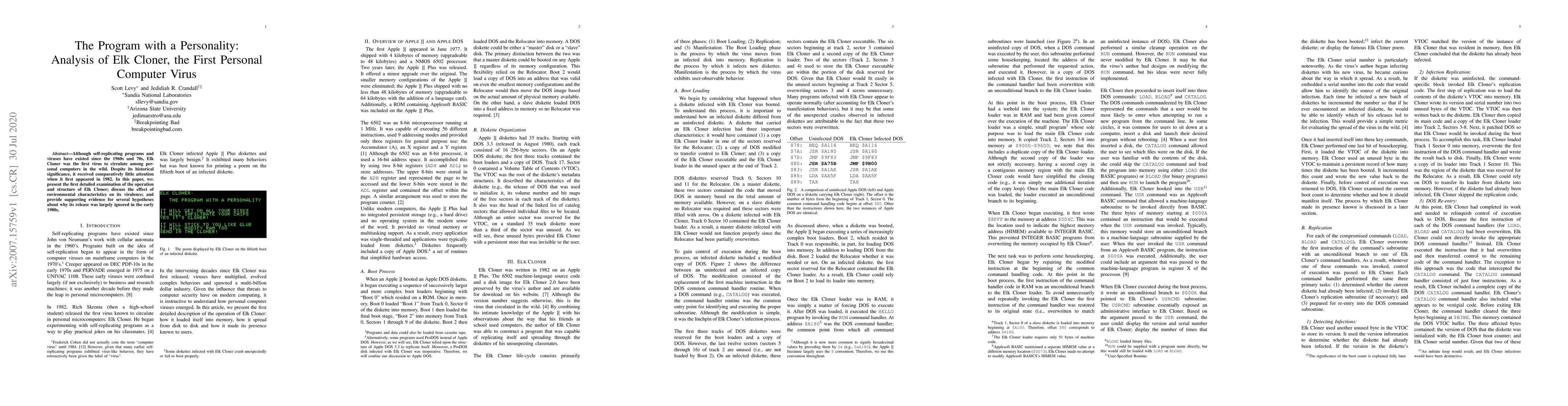 Thumbnail for The Program with a Personality: Analysis of Elk Cloner, the First
  Personal Computer Virus
