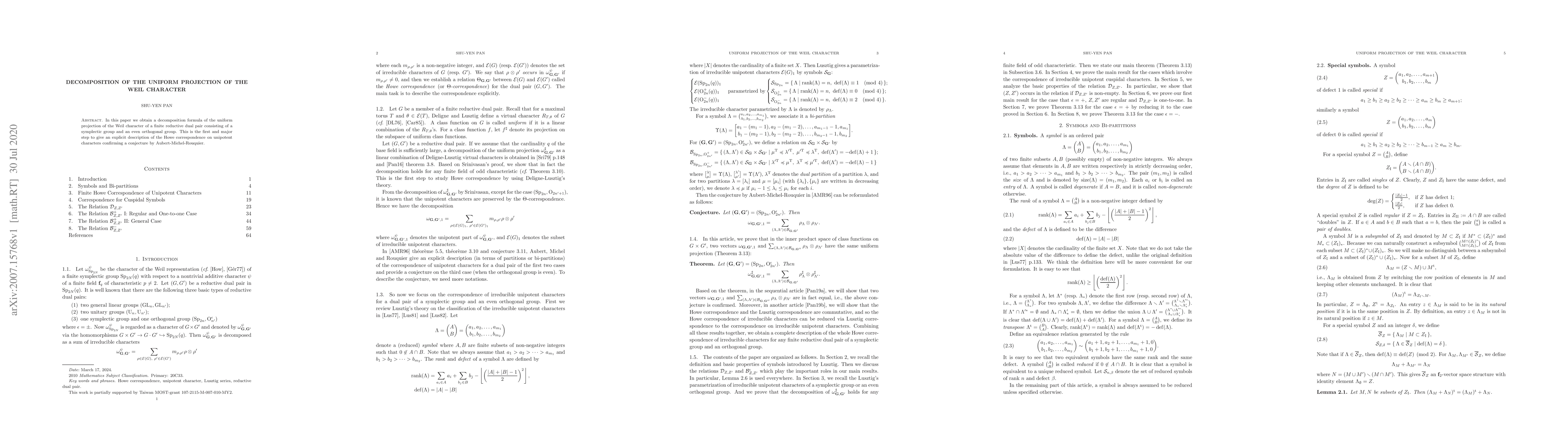 Thumbnail for Decomposition of the Uniform Projection of the Weil Character